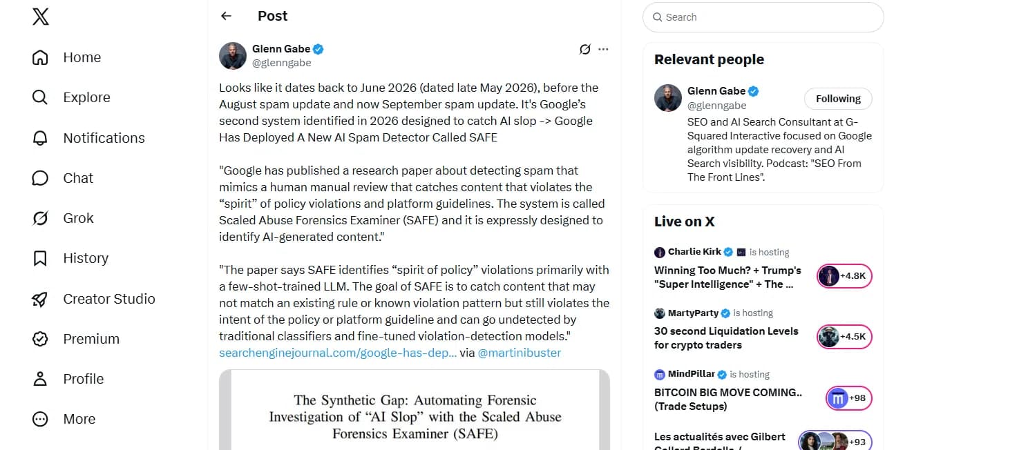 Glenn Gabe post discussing Google's SAFE AI slop detection system and its possible connection to the August and September spam updates.