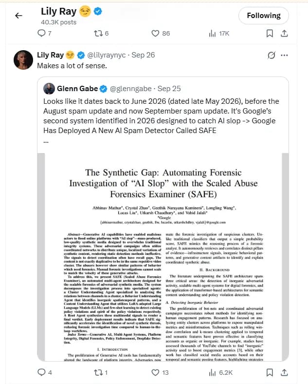 Lily Ray reposting Glenn Gabe's SAFE discussion and commenting that the connection makes sense.