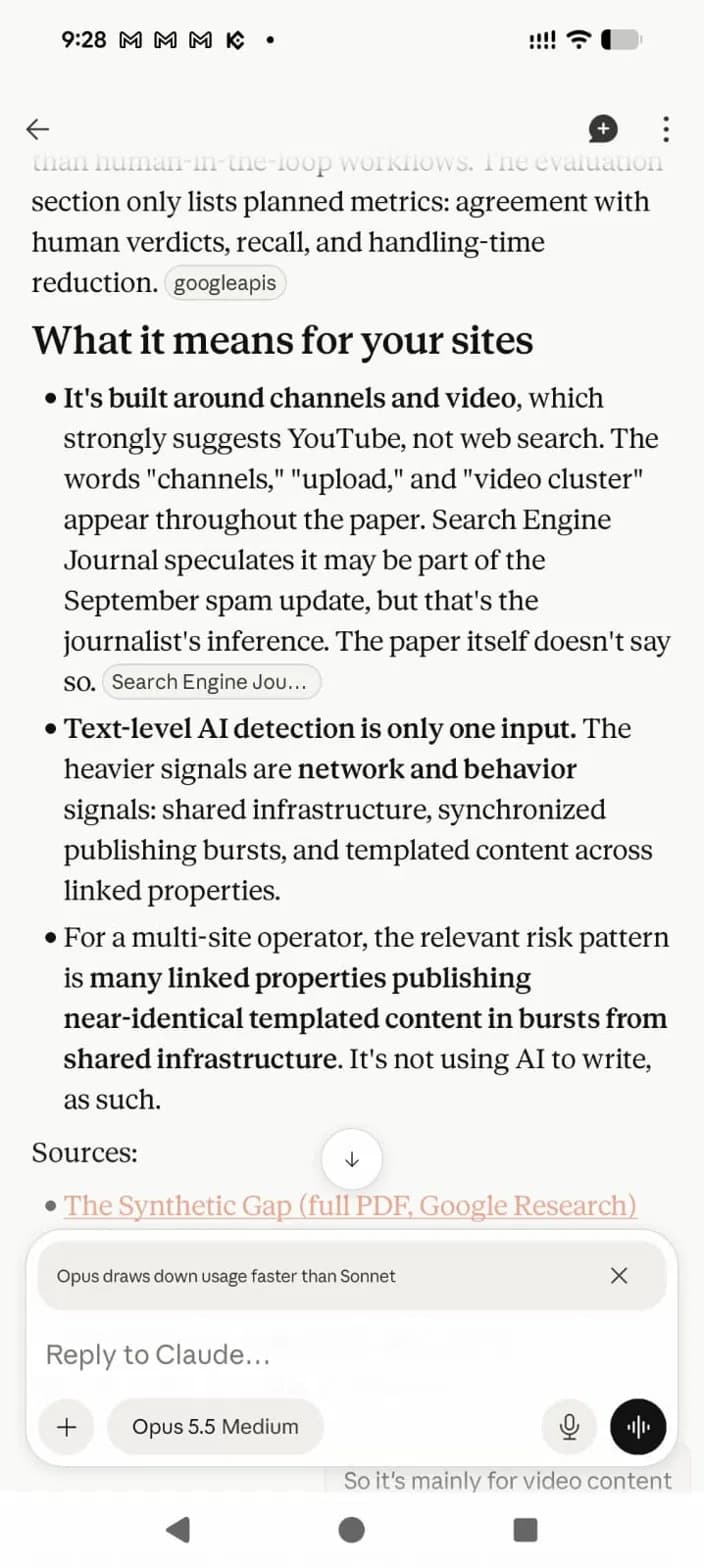 Claude explanation of what Google's SAFE system means for websites and why the research paper does not directly connect SAFE to the September spam update.